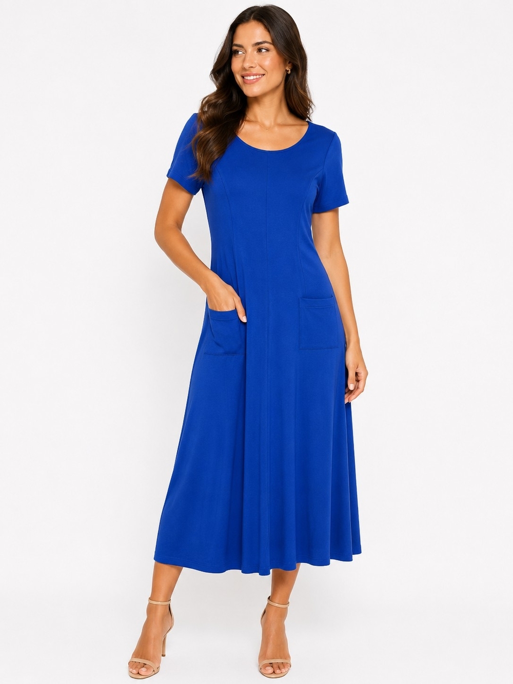 DNKY- Blue Short-Sleeve Scoop Neck Midi Dress with Pockets Size Medium